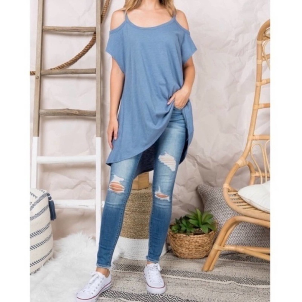 Blue Cotton Cold Shoulder Tunic Top Made in USA - Picture 2 of 4